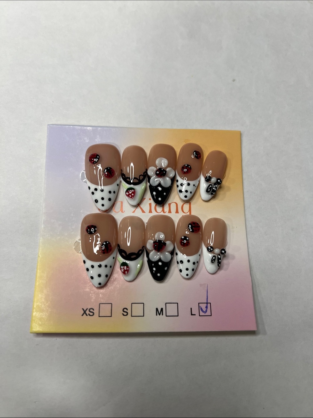 False Nail Set with Polka Dot & Floral Accents - Nude White size L